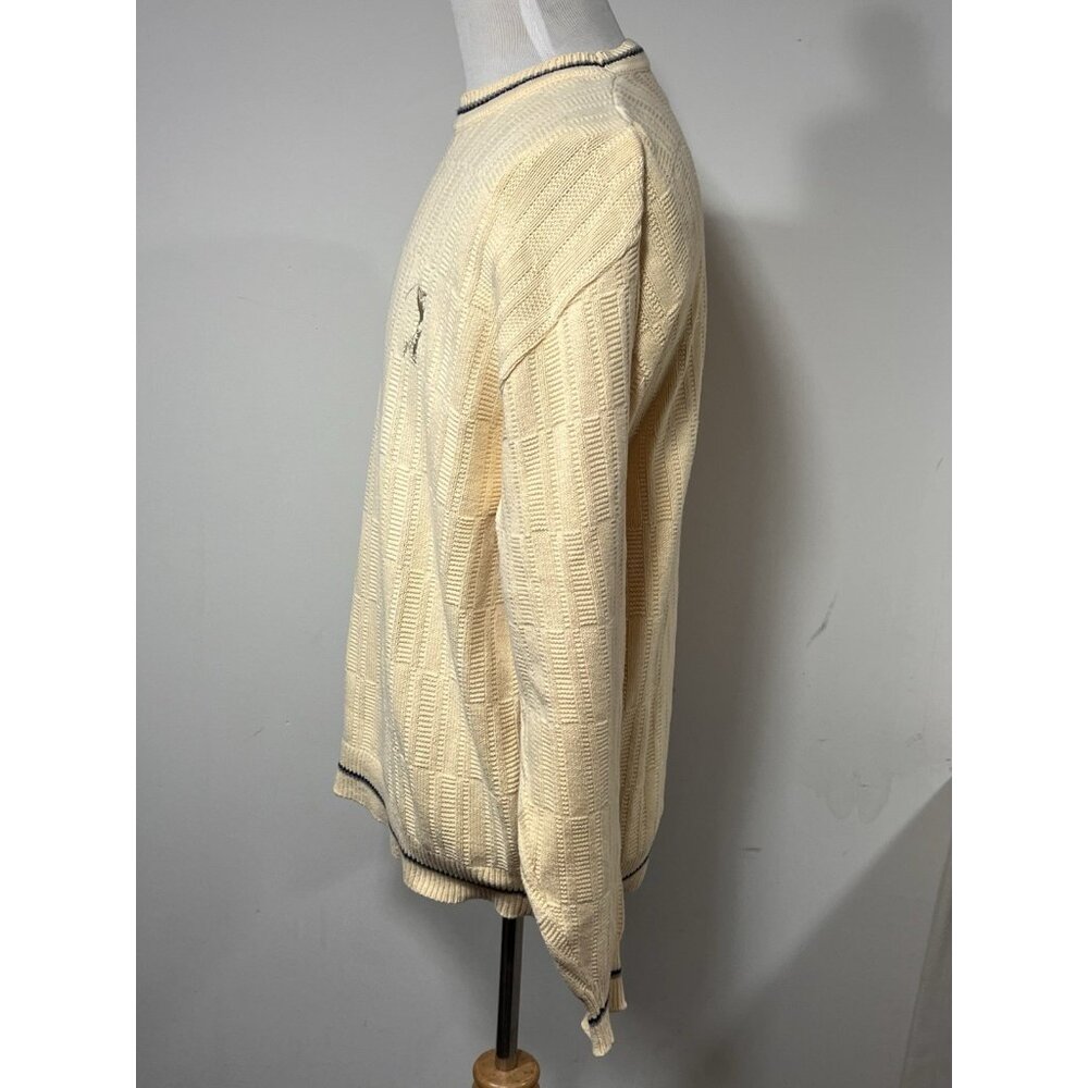 Vtg Carmel Cotton Knit Sweater Cream Yellow Blue Trim Golfer Made in USA L Golf - Picture 5 of 11